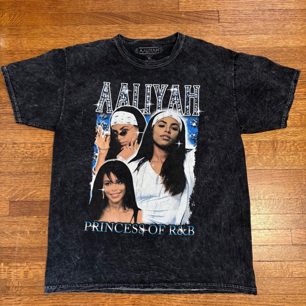 Aaliyah Princess of R&B T Shirt Black Mineral Wash Graphic Tee Hip‎ Hop Y2K